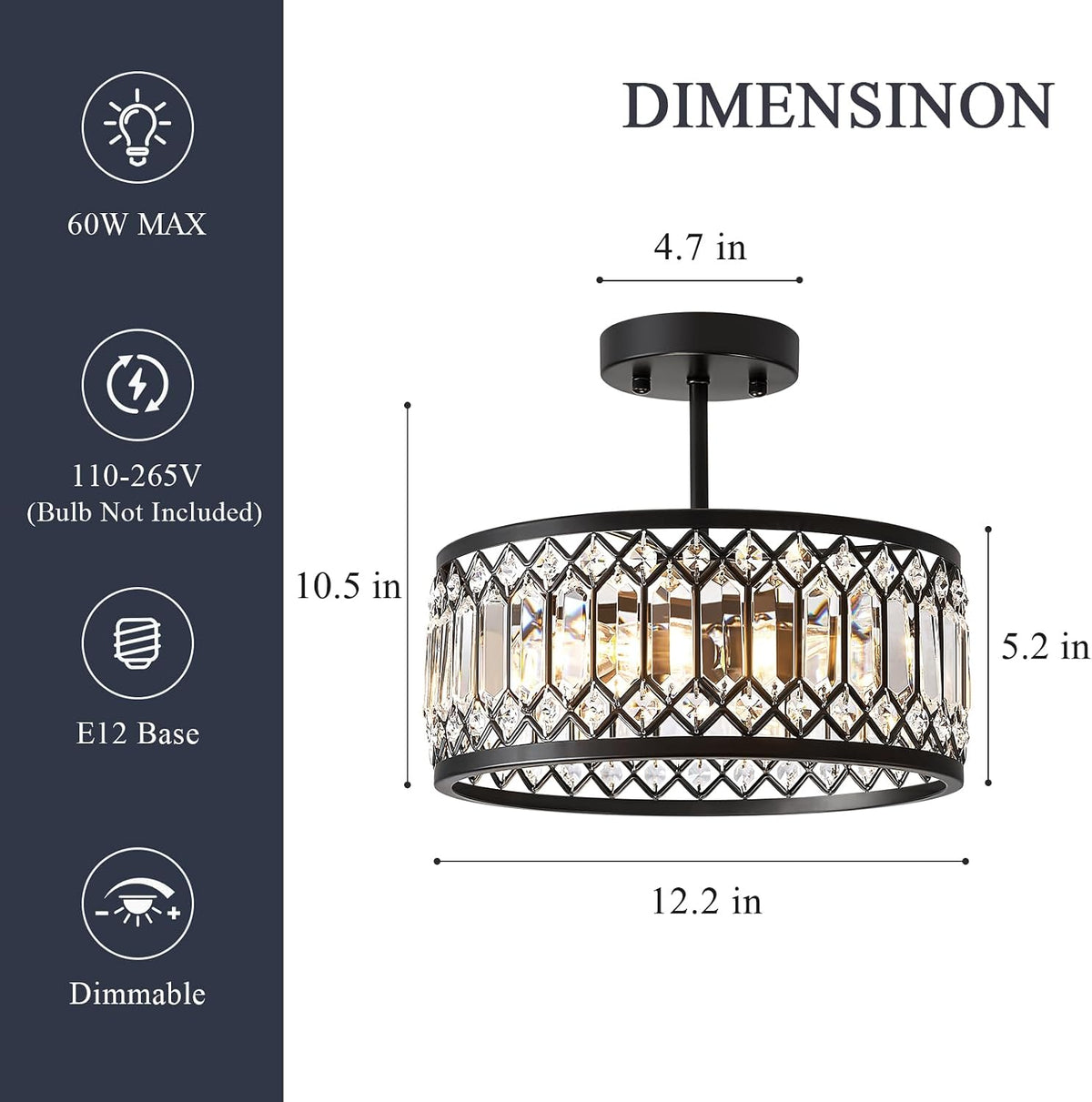 Pevfah Crystal Black Ceiling Light, 3-Light Semi Flush Light Fixture, 12 in