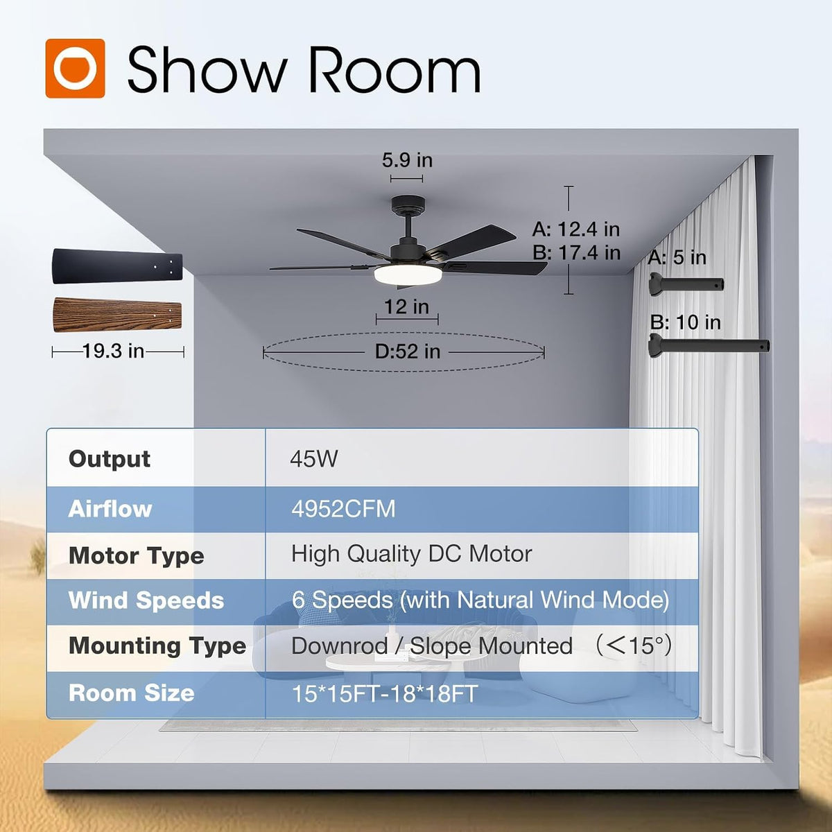addlon 52 Inch Ceiling Fans with Lights and Remote Control, Wall Switch