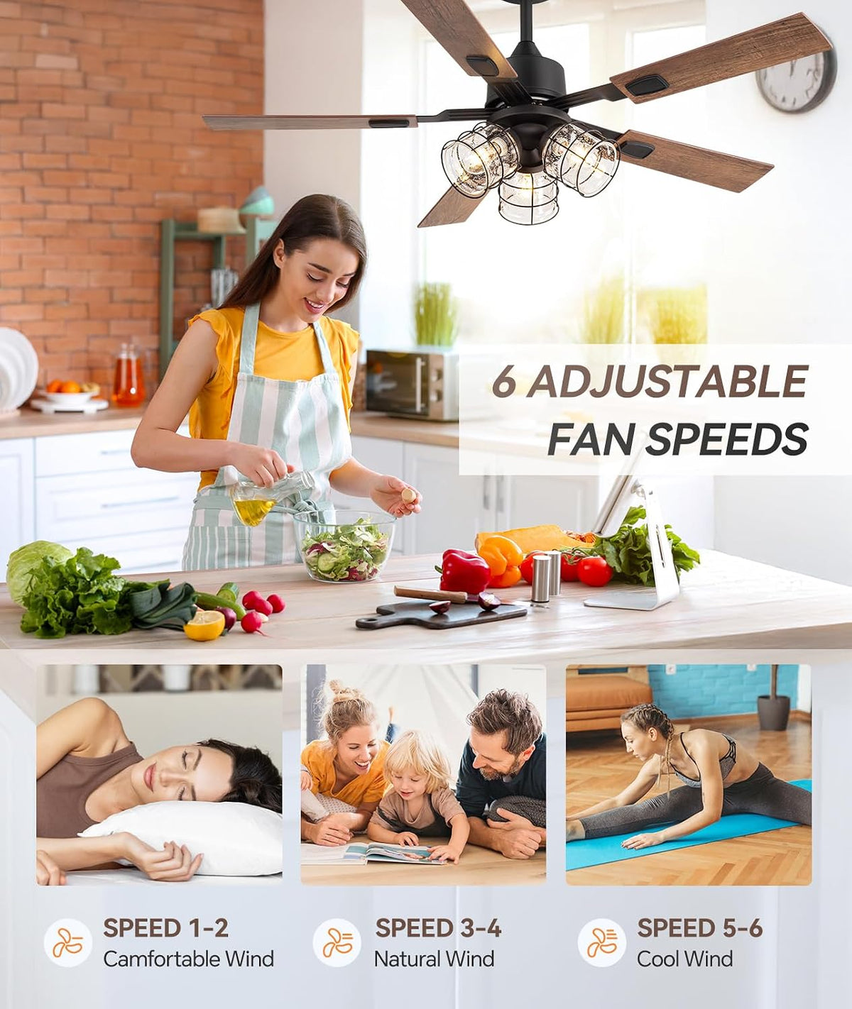 ZYD 52 Inch Farmhouse Ceiling Fan with Lights, Rustic Wood Fan with Remote