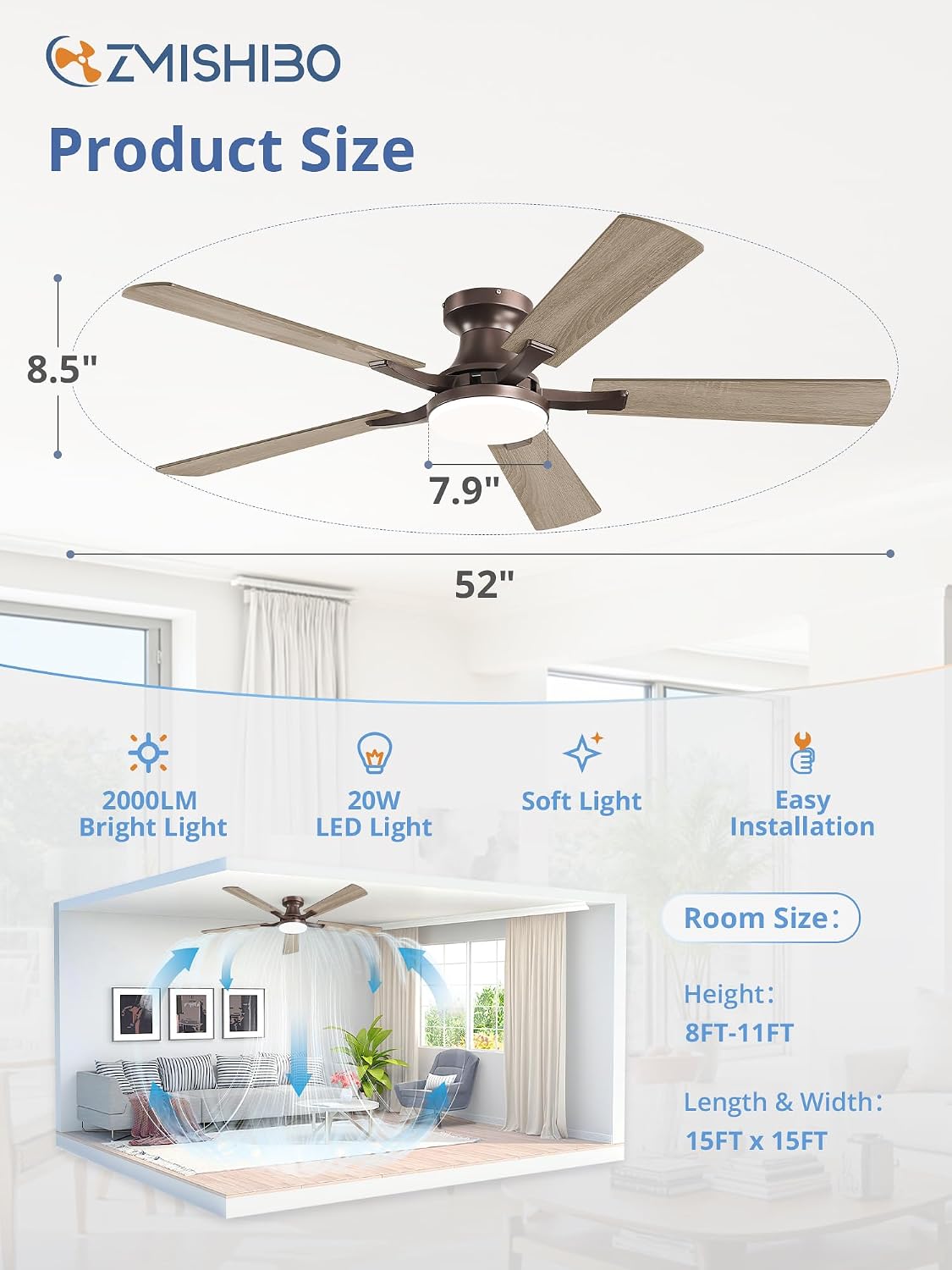 ZMISHIBO 52 Inch Ceiling Fans with Lights, Remote&App Control, Flush Mount