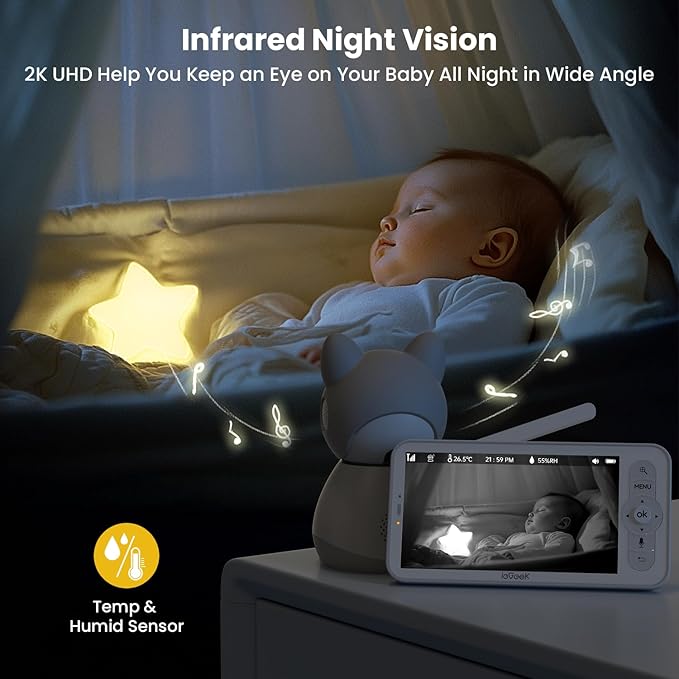ieGeek Baby Monitor with 2 Cameras, 2-Way Audio, Cry Detection, Temperature