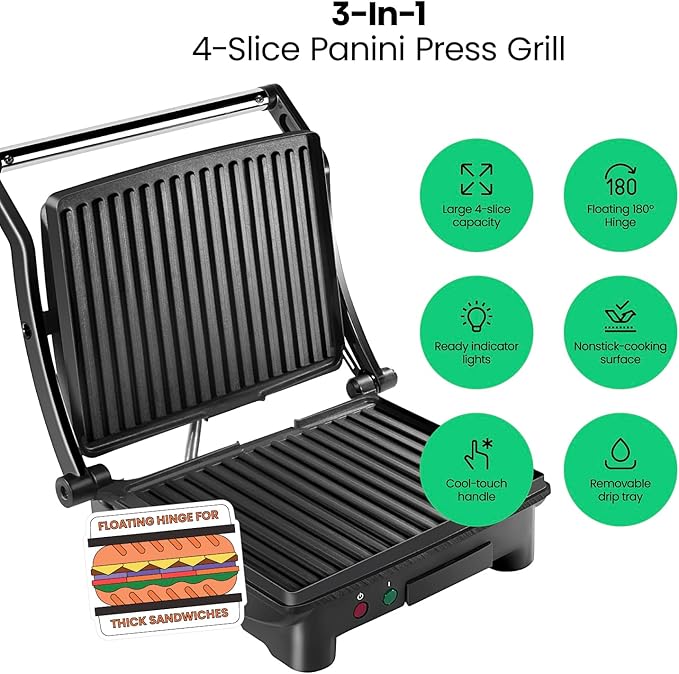 Chefman Panini Press Grill and Gourmet Sandwich Maker Non-Stick Coated Plates