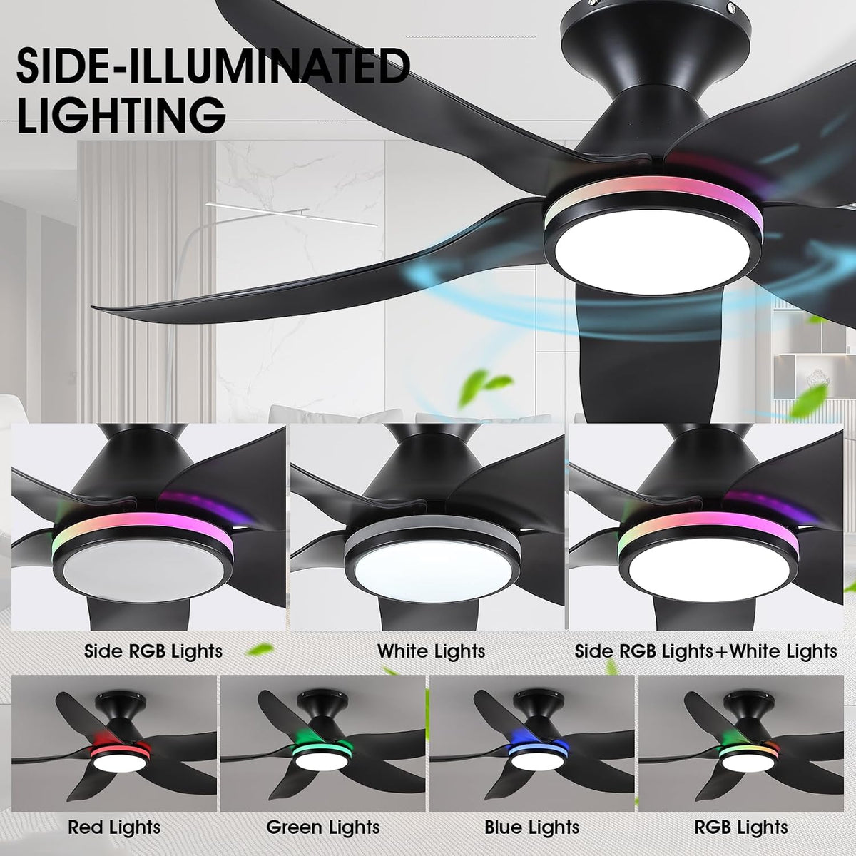 Kviflon 46 In Ceiling Fans with RGB Ring Lights Remote/APP,5 Blades Black