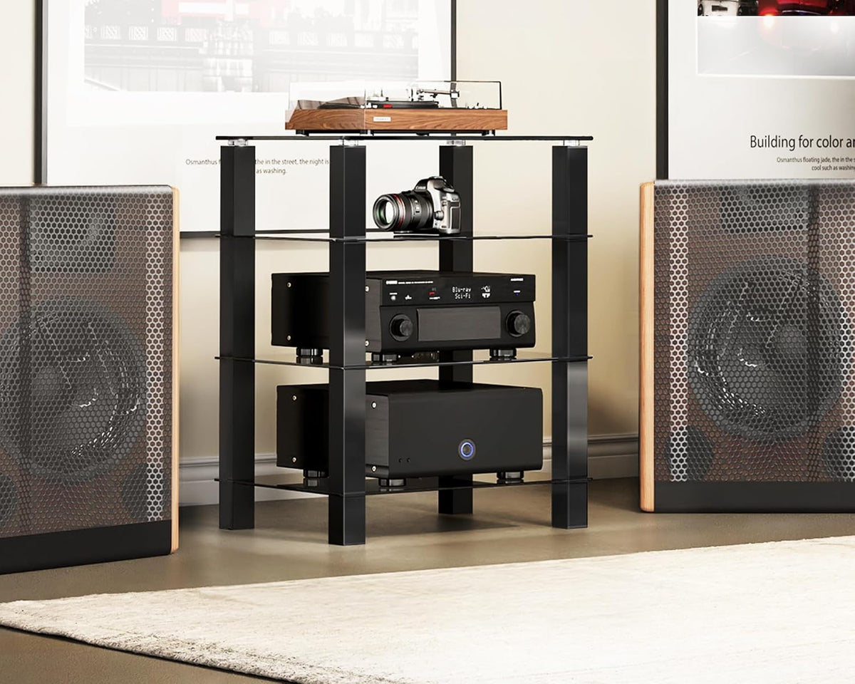 FITUEYES 4-Tier Media Stand Audio with Tempered Glass Shelves, Black
