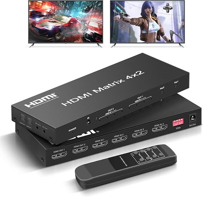 FERRISA 4x2 HDMI Matrix Switch, 4 in 2 Out Matrix HDMI Video Switcher Splitter