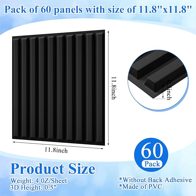 Nuanchu 60 Pcs 3D Slat Wall Panels 12 x 12 Inch PVC Fluted Textured Panel