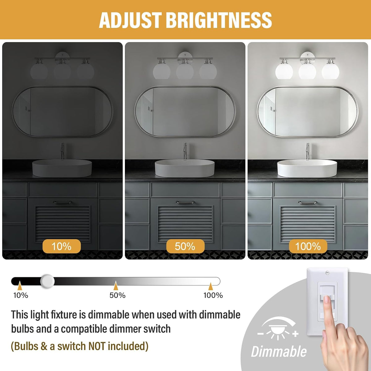 Brushed Nickel Bathroom Light Fixtures, 3-Light Vanity Light Over Mirror