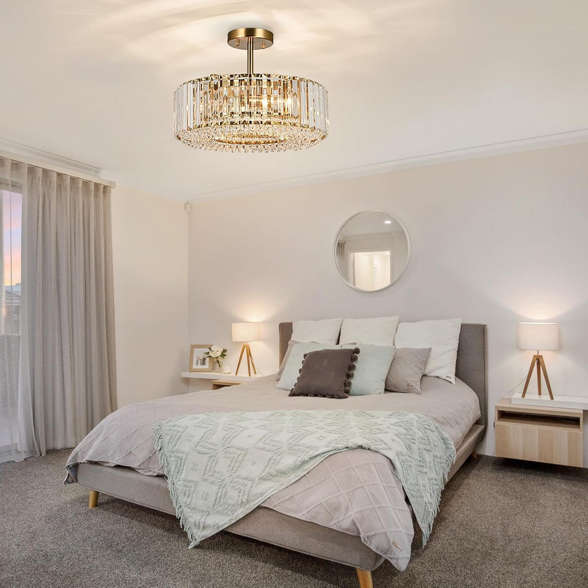 Lingkai 15.8“ Modern Crystal Chandelier Gold Round Semi Flush Mount Ceiling L...
