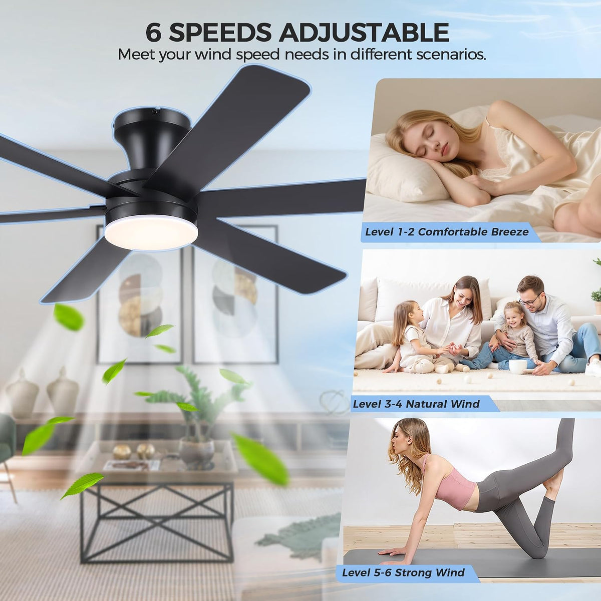 GJeg Ceiling Fans with Lights,46" Low Profile Ceiling Fan (Black