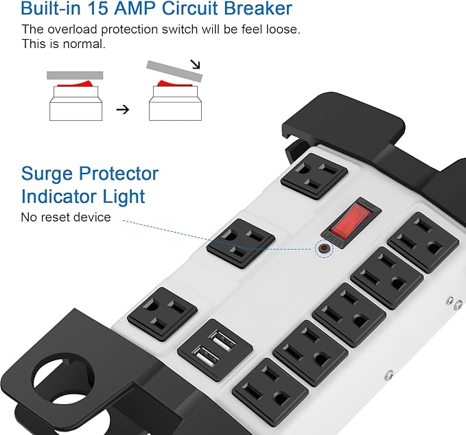 Heavy Duty Power Strip with USB, Workshop 8 Outlet Surge Protector 2700 Joules