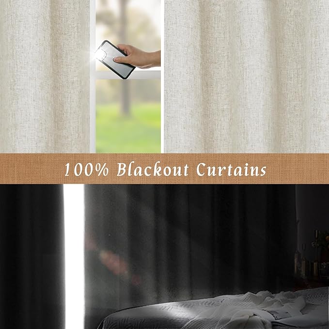 LAMIT Natural 100% Blackout Linen Curtains, 63 Inches Linen Textured Thermal