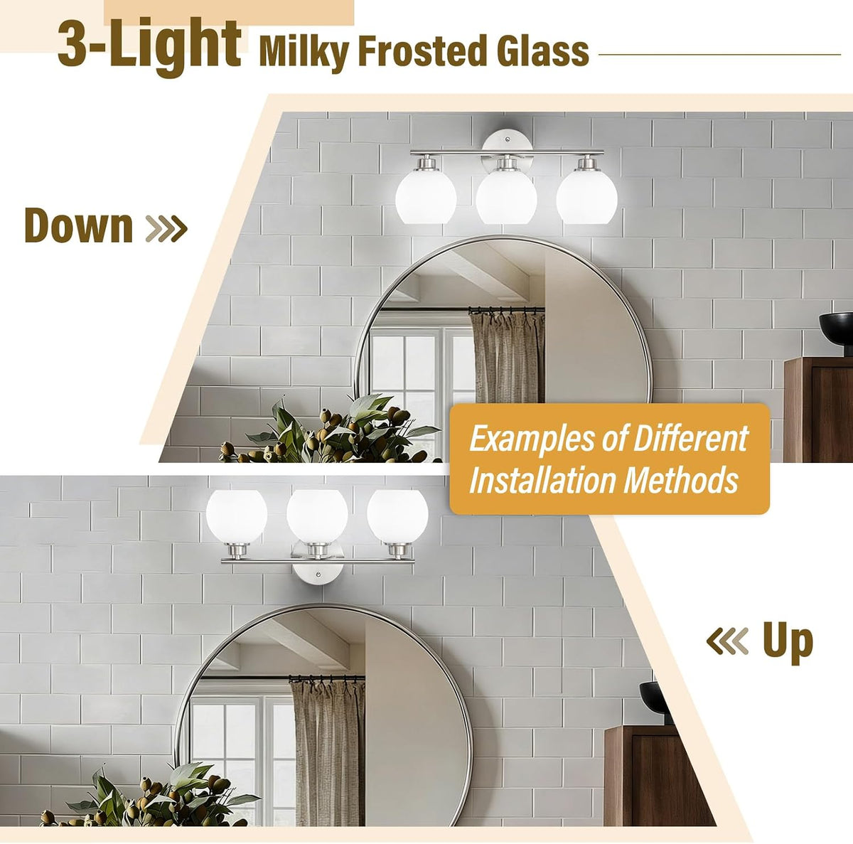 Brushed Nickel Bathroom Light Fixtures, 3-Light Vanity Light Over Mirror