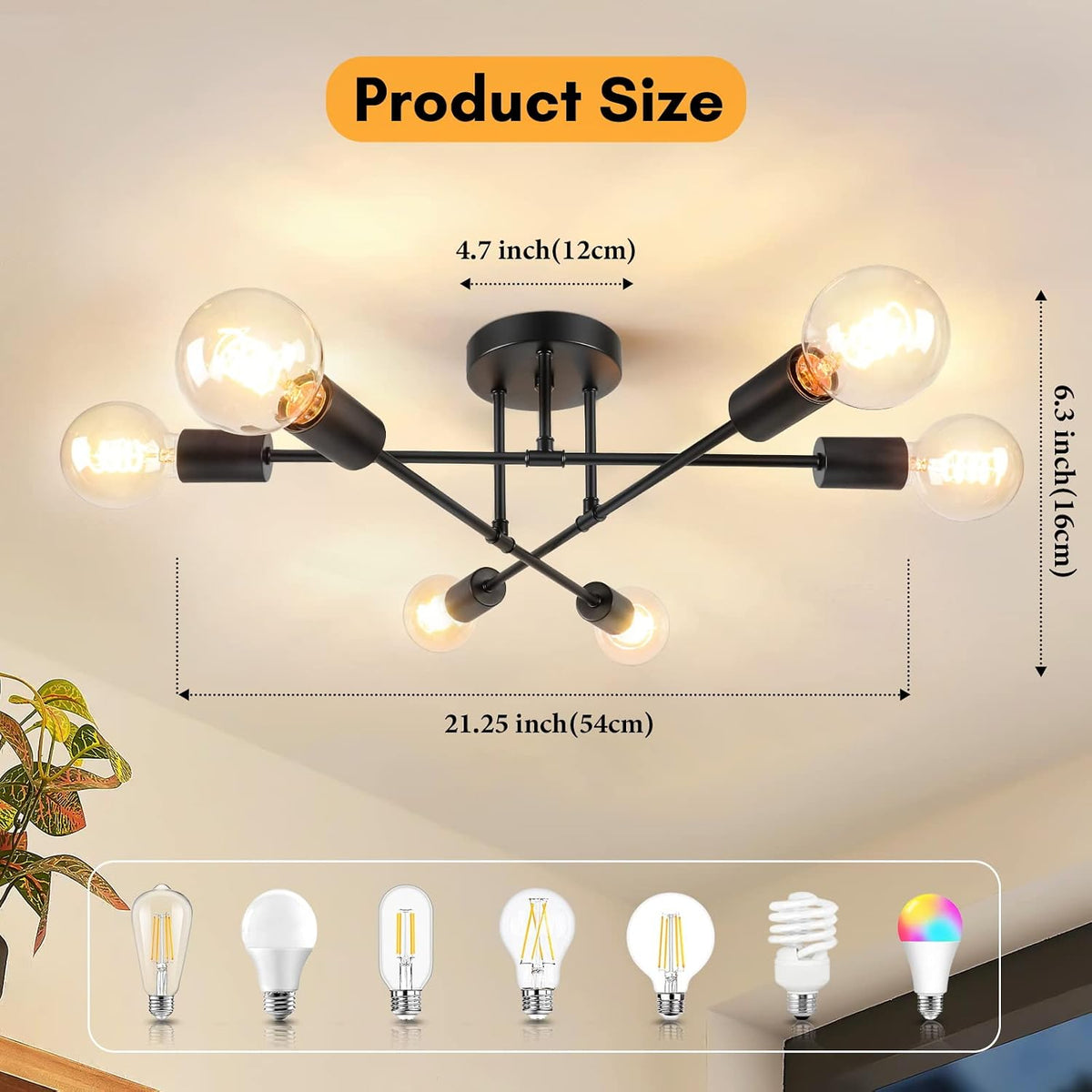 Bosceos Modern Sputnik Chandelier, 6-Light Ceiling Lights Fixture 22" Black