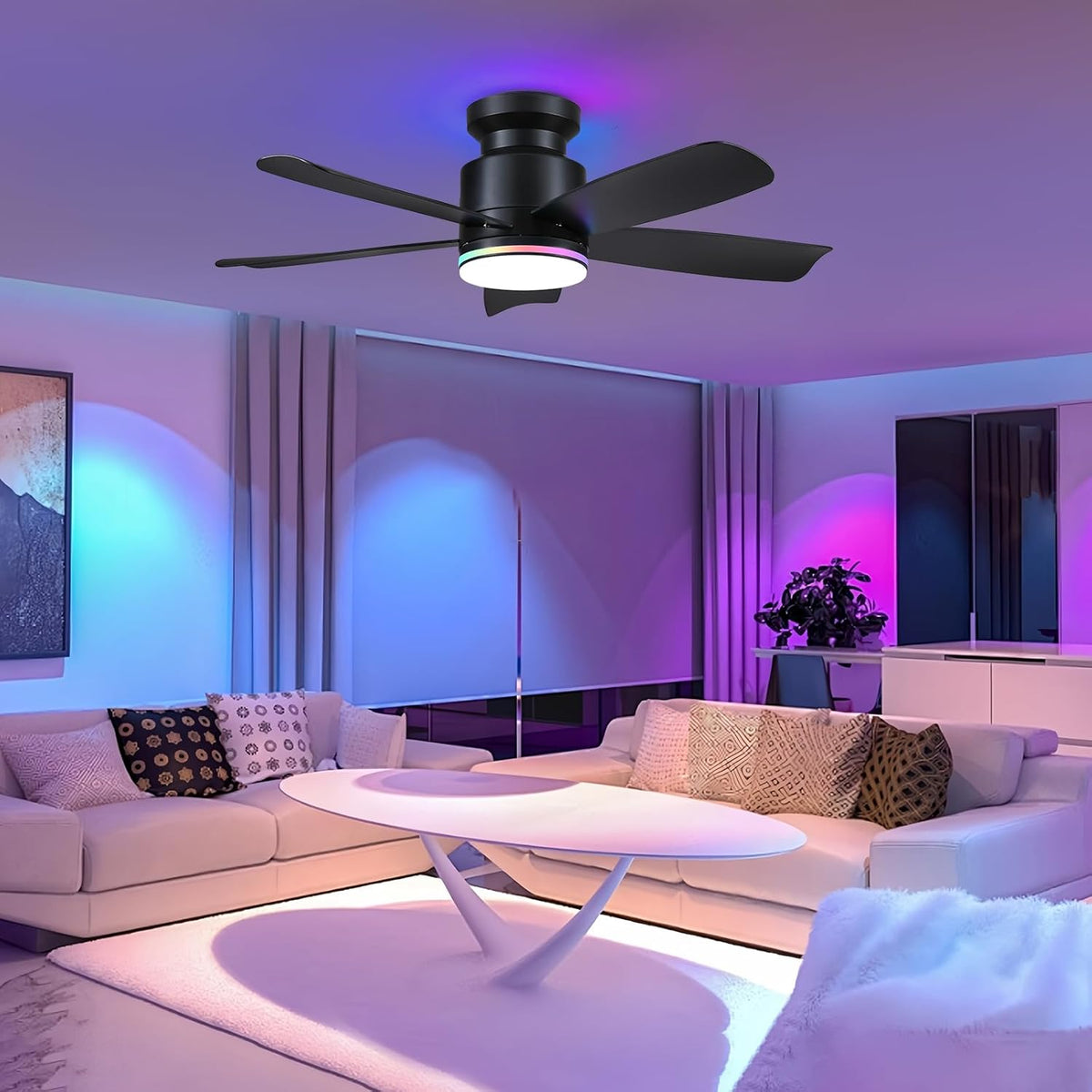 Wiviniya 41 In Flush Mount Ceiling Fans with RGB Lights Remote/APP, Black