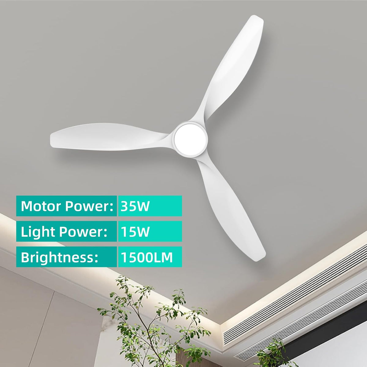 Roomratv 52 Inch White Ceiling Fans with Lights and Remote, Large Airflow