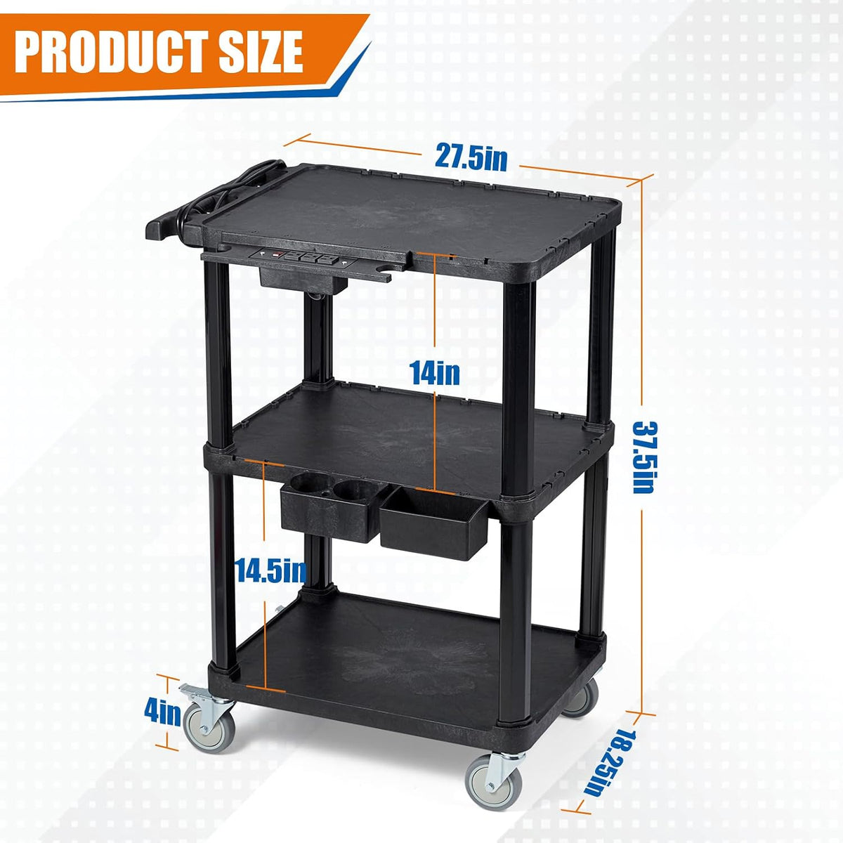 ELAFROS 3-Tier Heavy Duty AV Cart with Power Strip, 27.5 x 18.25 in