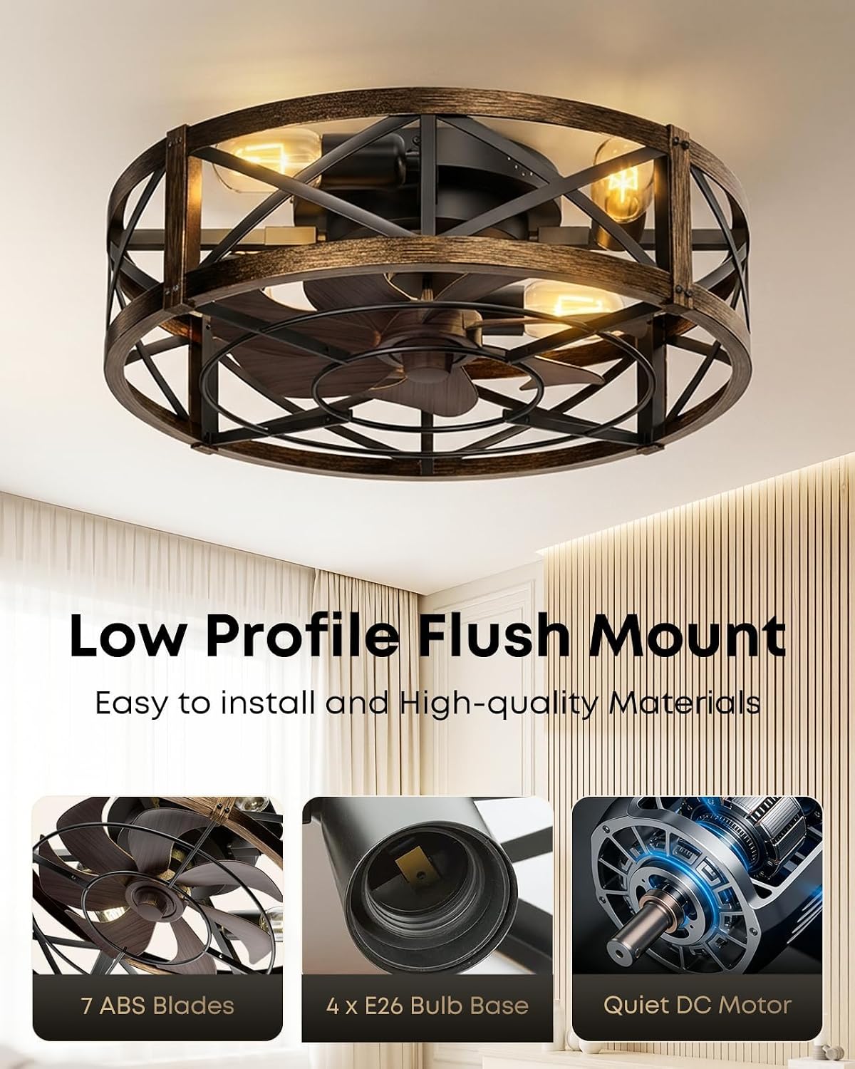 OJX 20" Low Profile Flush Mount Caged Ceiling Fan with Light and Remote