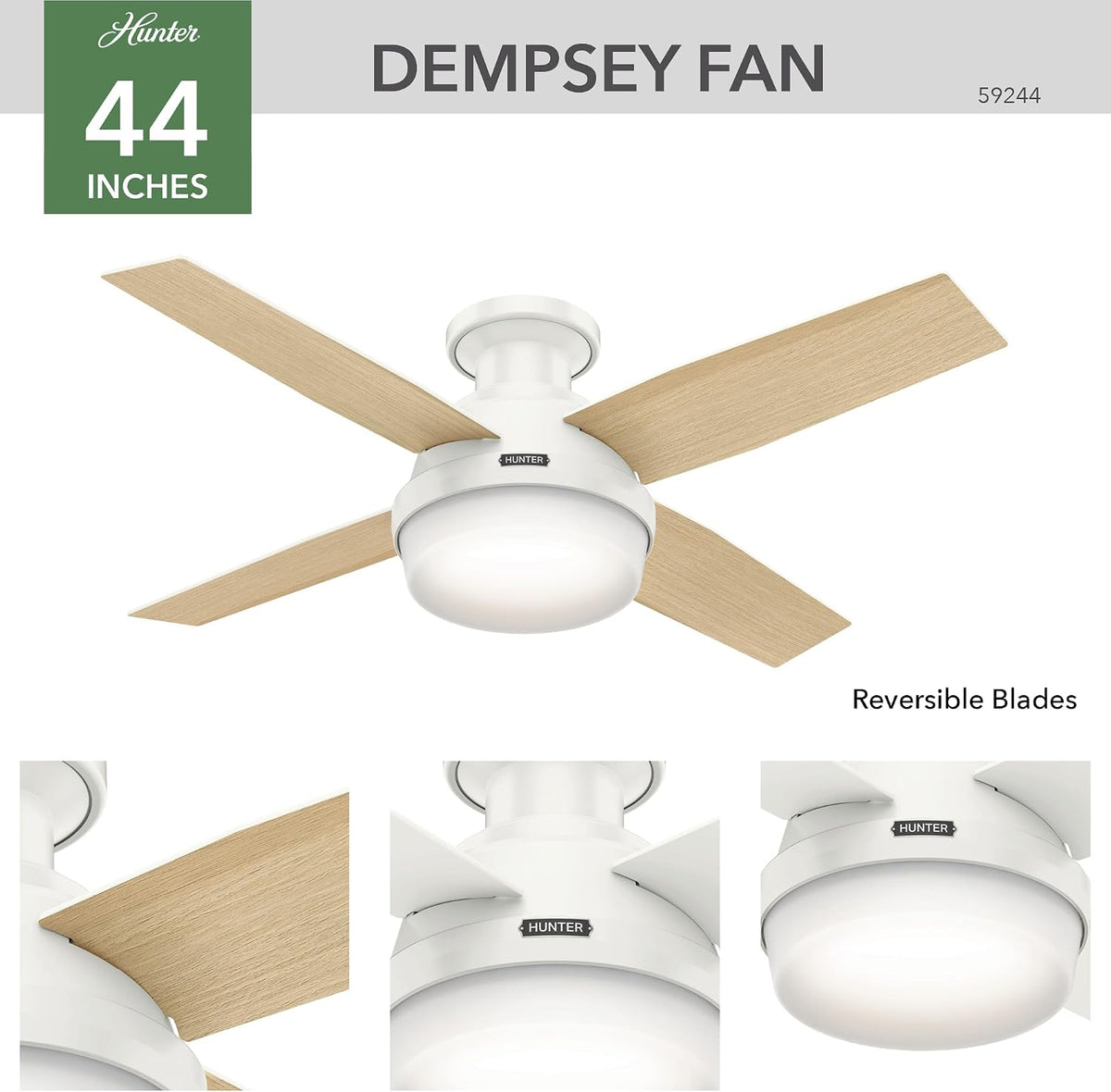 Hunter Dempsey, Indoor, Ceiling Fan, Modern, Quiet, 44 inch, Fresh White