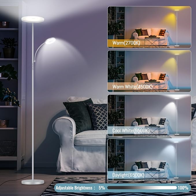 marctronic Silver Gray Floor Lamp, 42W 4000LM Super Bright LED Lamp