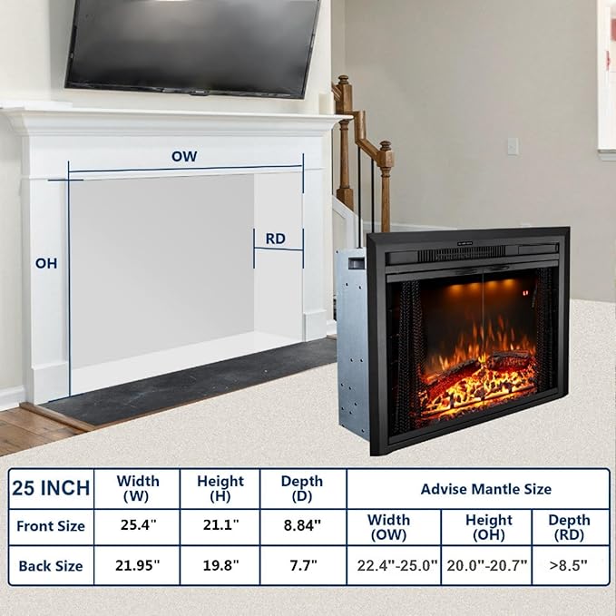 25.4 Inches Electric Fireplace Insert, 750W/1500W Fireplace Heater