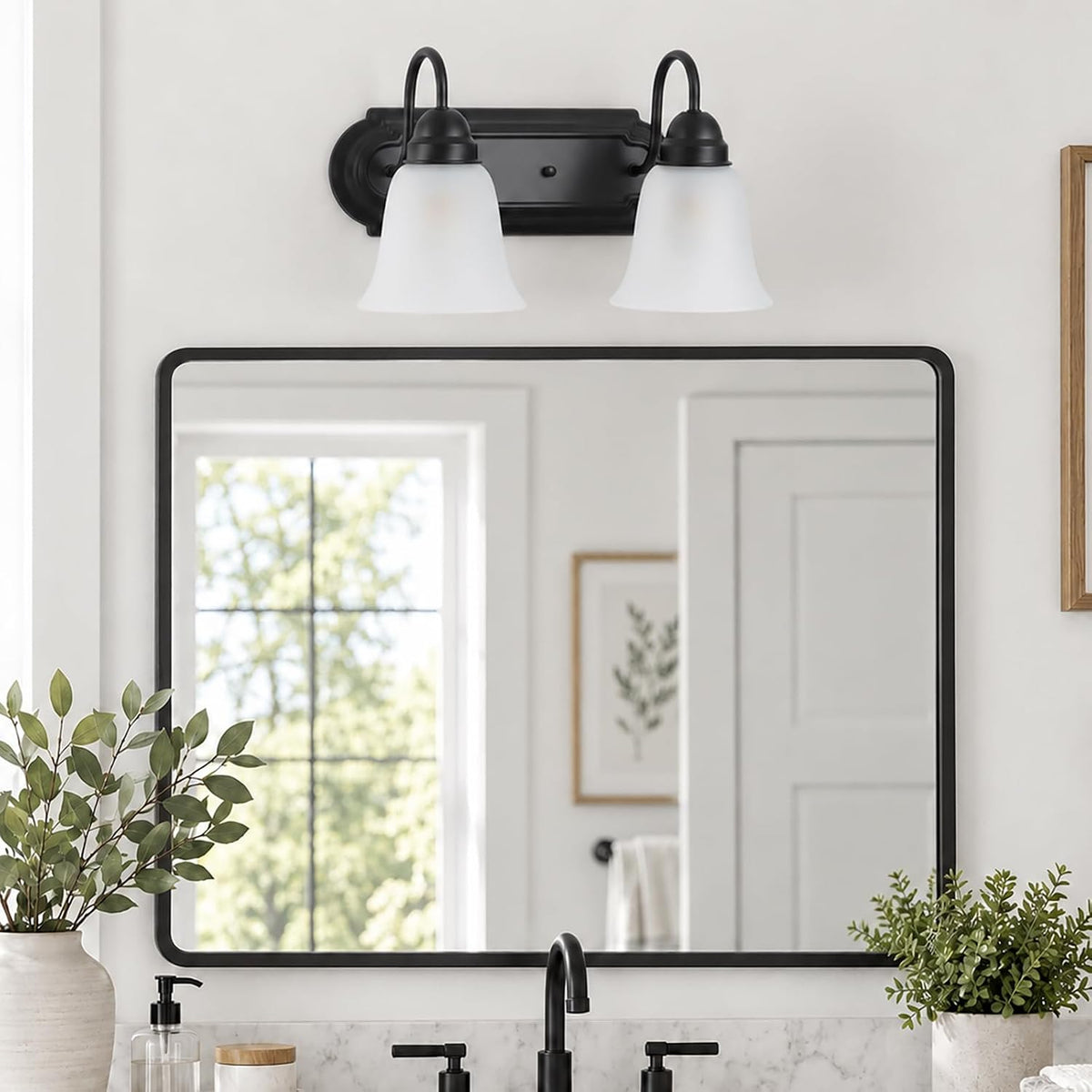 2-Light Bathroom Vanity Light, Black Wall Light with Frosted Glass Shades