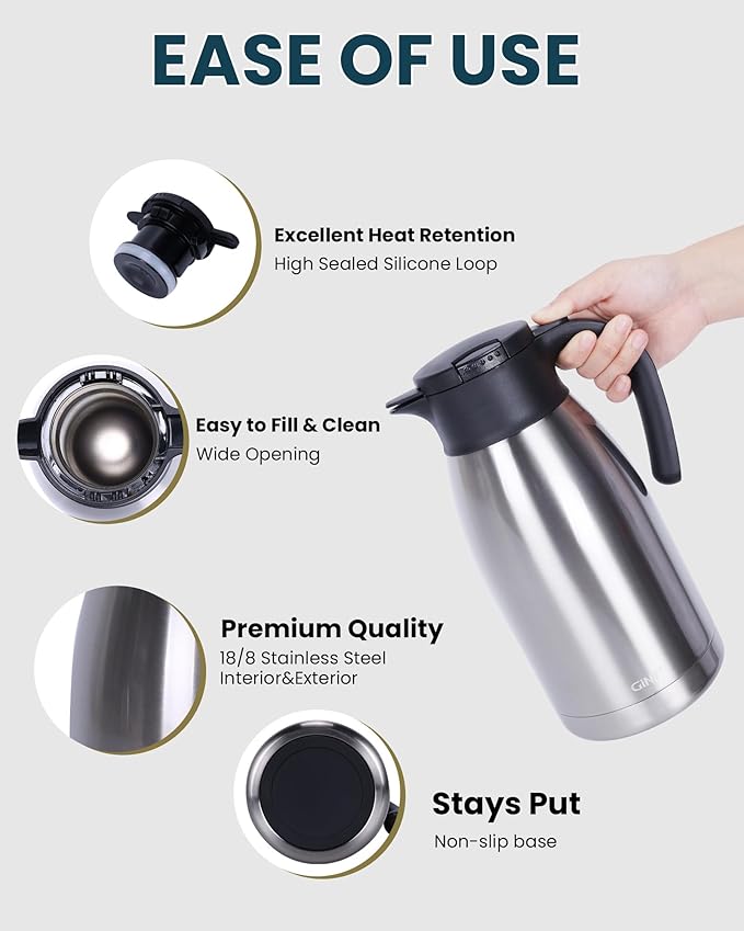 GiNT 64Oz Thermal Coffee Carafe, Insulated Stainless Steel Coffee Carafes