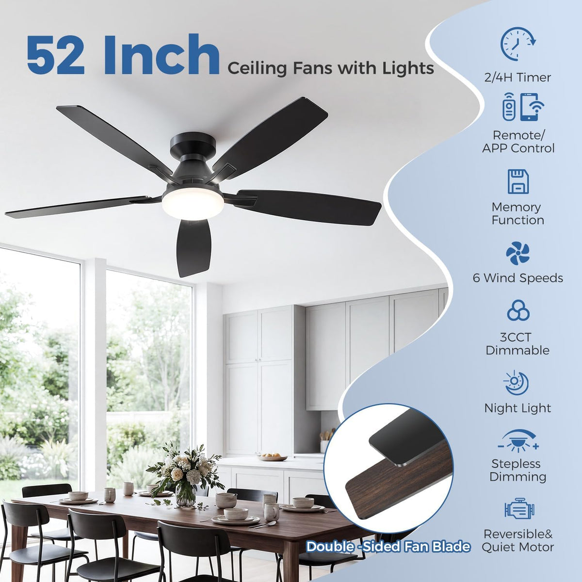 52 Inch Ceiling Fans with Lights, App & Remote Control, Quiet Reversible ...