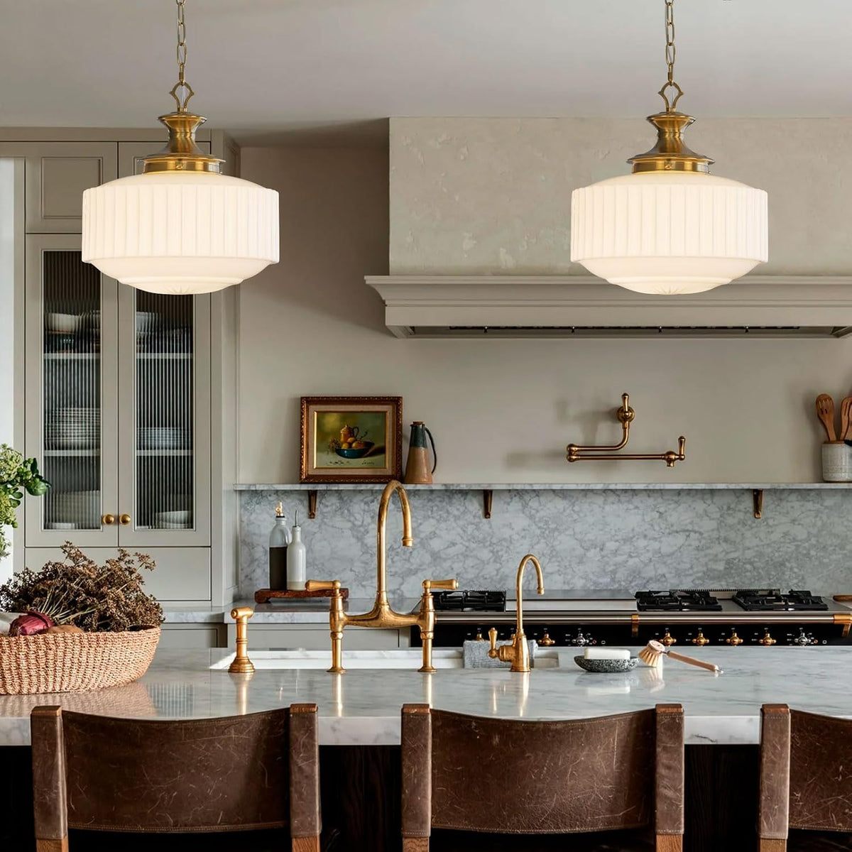 Vintage Brass Milk Glass Pendant Light Fixture, 13.8" White Pleated Glas...