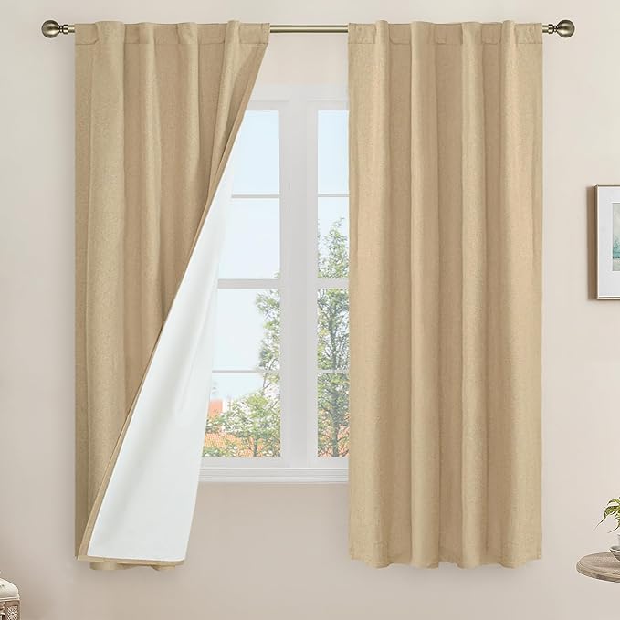 LAMIT Natural 100% Blackout Linen Curtains, 63 Inches Linen Textured Thermal