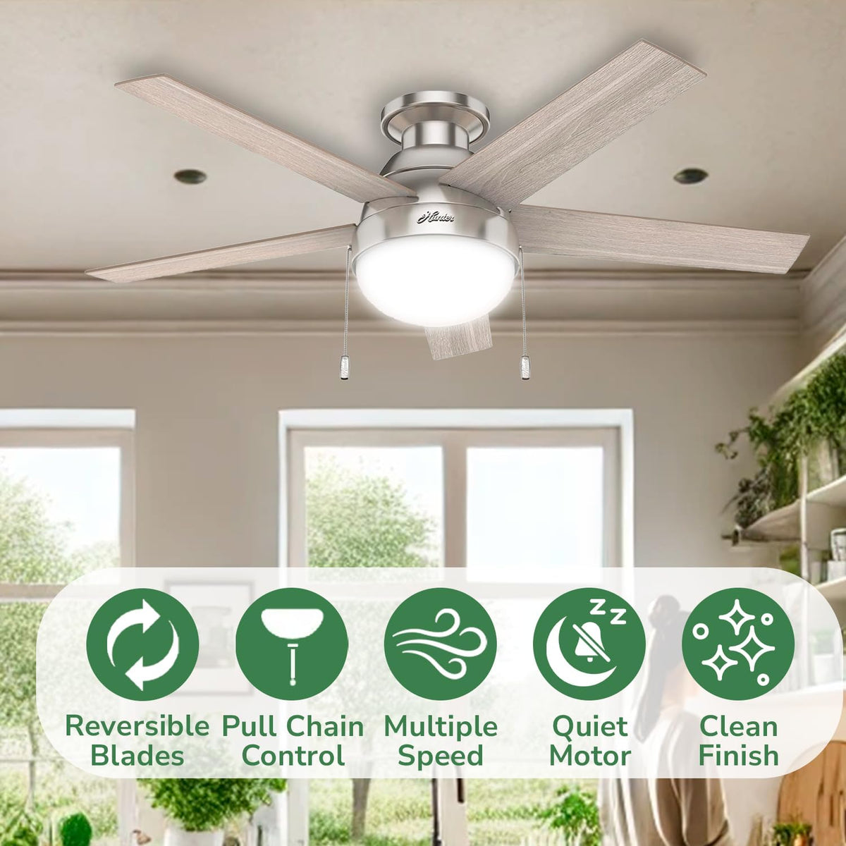Hunter Anslee, Indoor, Ceiling Fan, with LED Light, 46 inch, Brushed Nickel