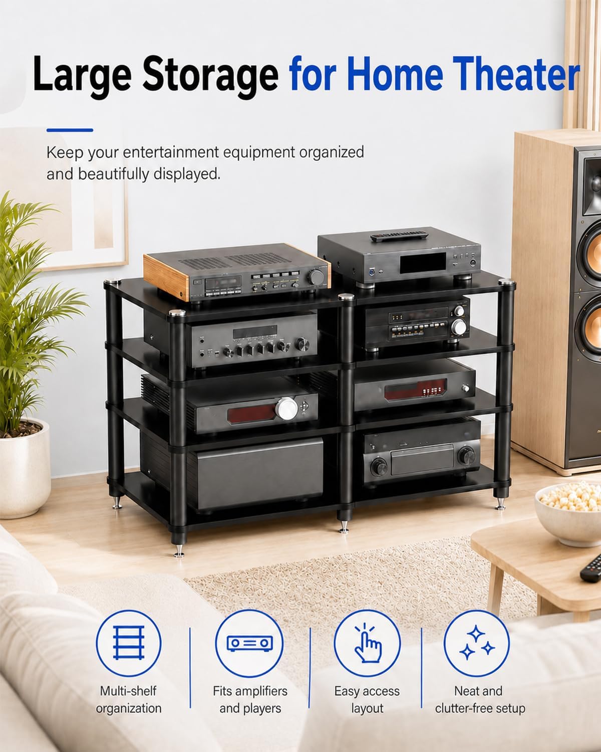 4 Tier Heavy Duty AV Media Stand, Stereo Stands and Racks, Black
