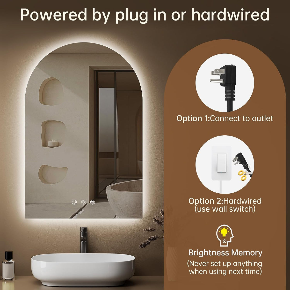 24"x36" Arched LED Lighted Bathroom Mirror with Lights | Fogless, D...