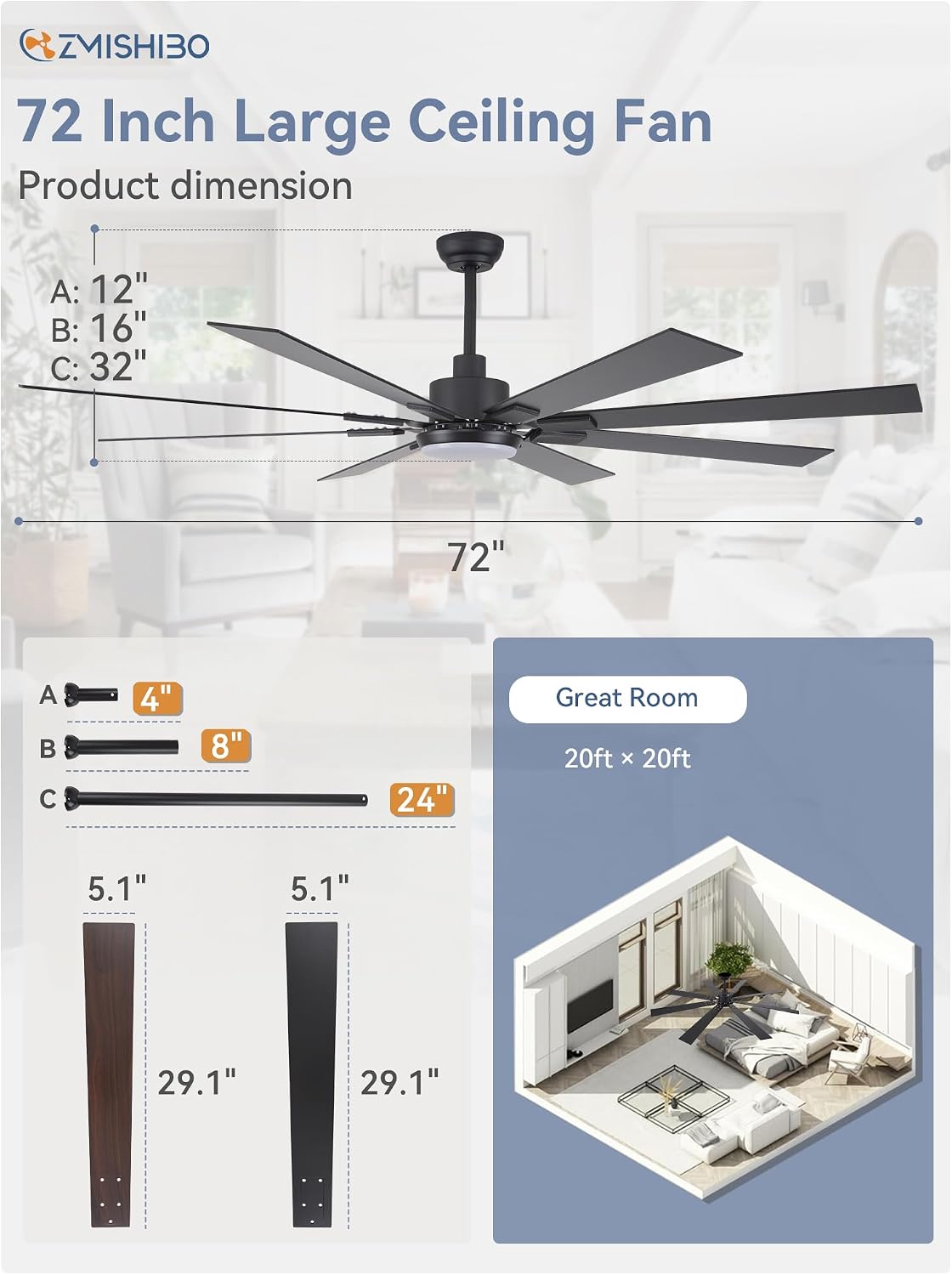 ZMISHIBO 72" Ceiling Fans with Lights for Patio, Living Room, Remote