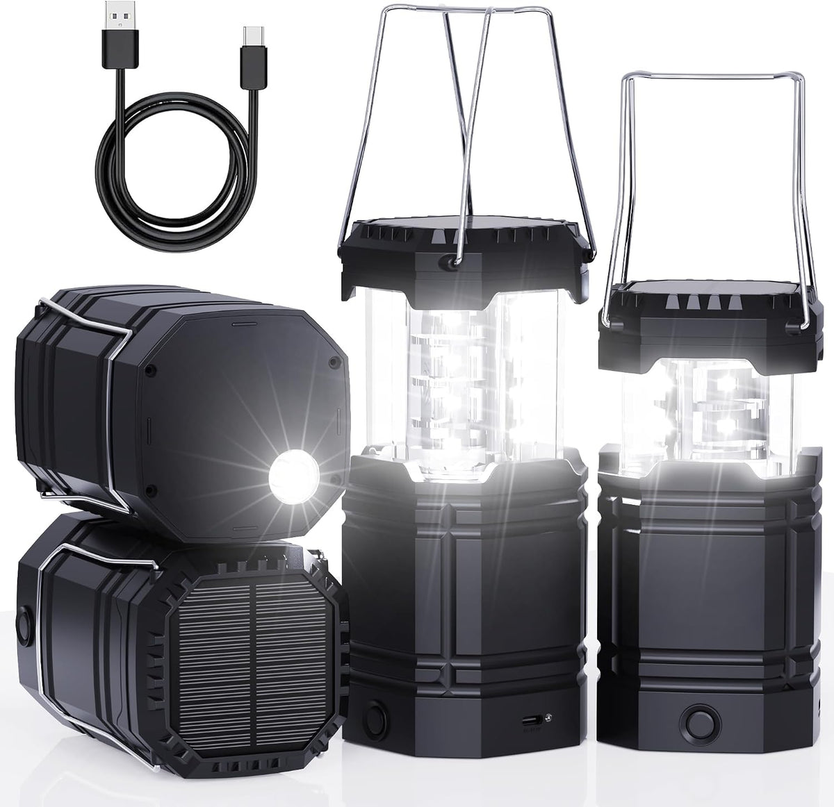 4 Pack Rechargeable Emergency Lanterns for Power Outages, USB-C & Solar B...