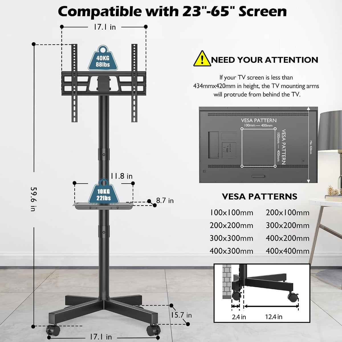 BONTEC Rolling TV Stand with Tilt,Mobile TV Stand Wheels for 23–65 Inch TVs