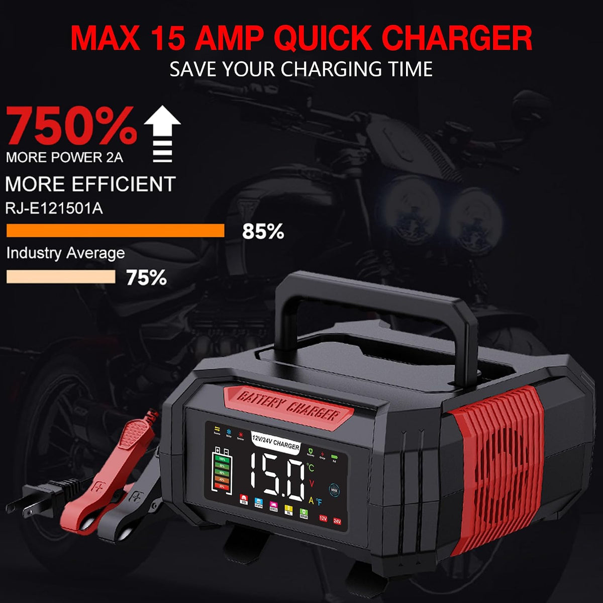 Car Battery Charger 15-Amp 12V/24V Smart Trickle Charger Fully Automatic