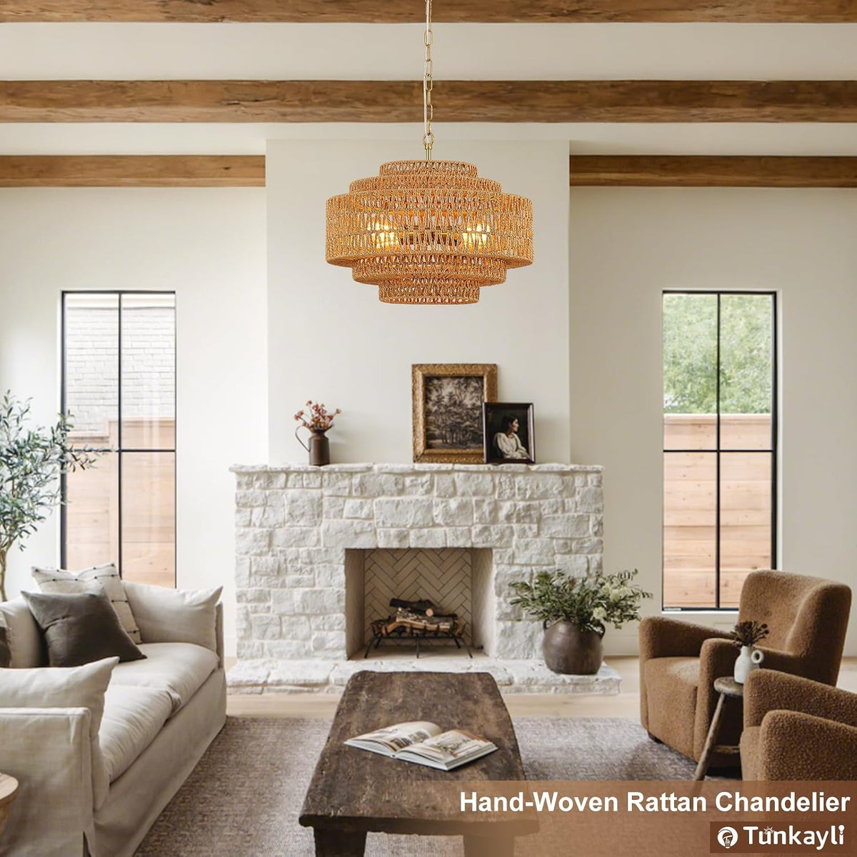 19.68" Gold Rattan Chandelier, 5-Tier Handwoven Wicker Fixture
