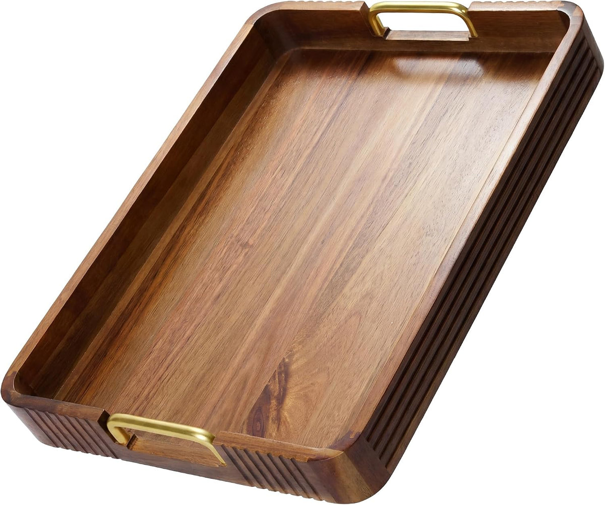 Acacia Wood Serving Tray with Gold Handles (Natural, 17" x 13" x 2&...