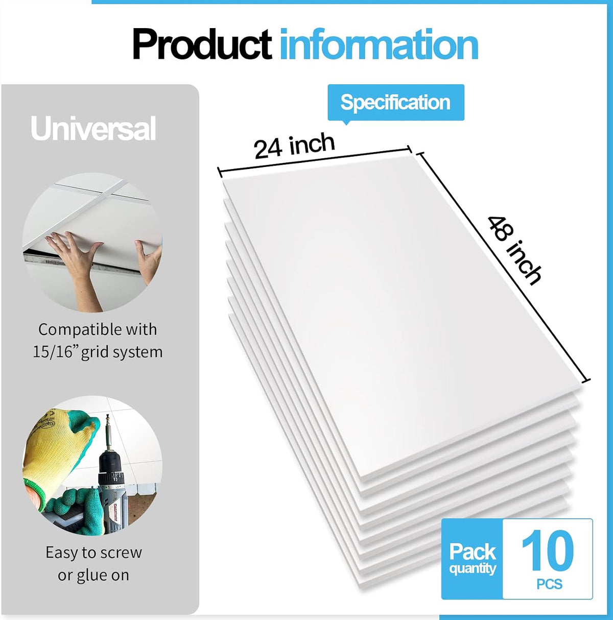 Art3d 10-Pack Smooth Drop Ceiling Tiles, No Sag and Breakage, White
