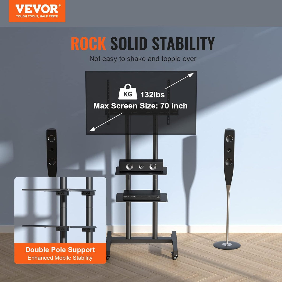VEVOR Mobile TV Cart for 32 to 70 inch TVs, Height Adjustable Portable TV Sta...