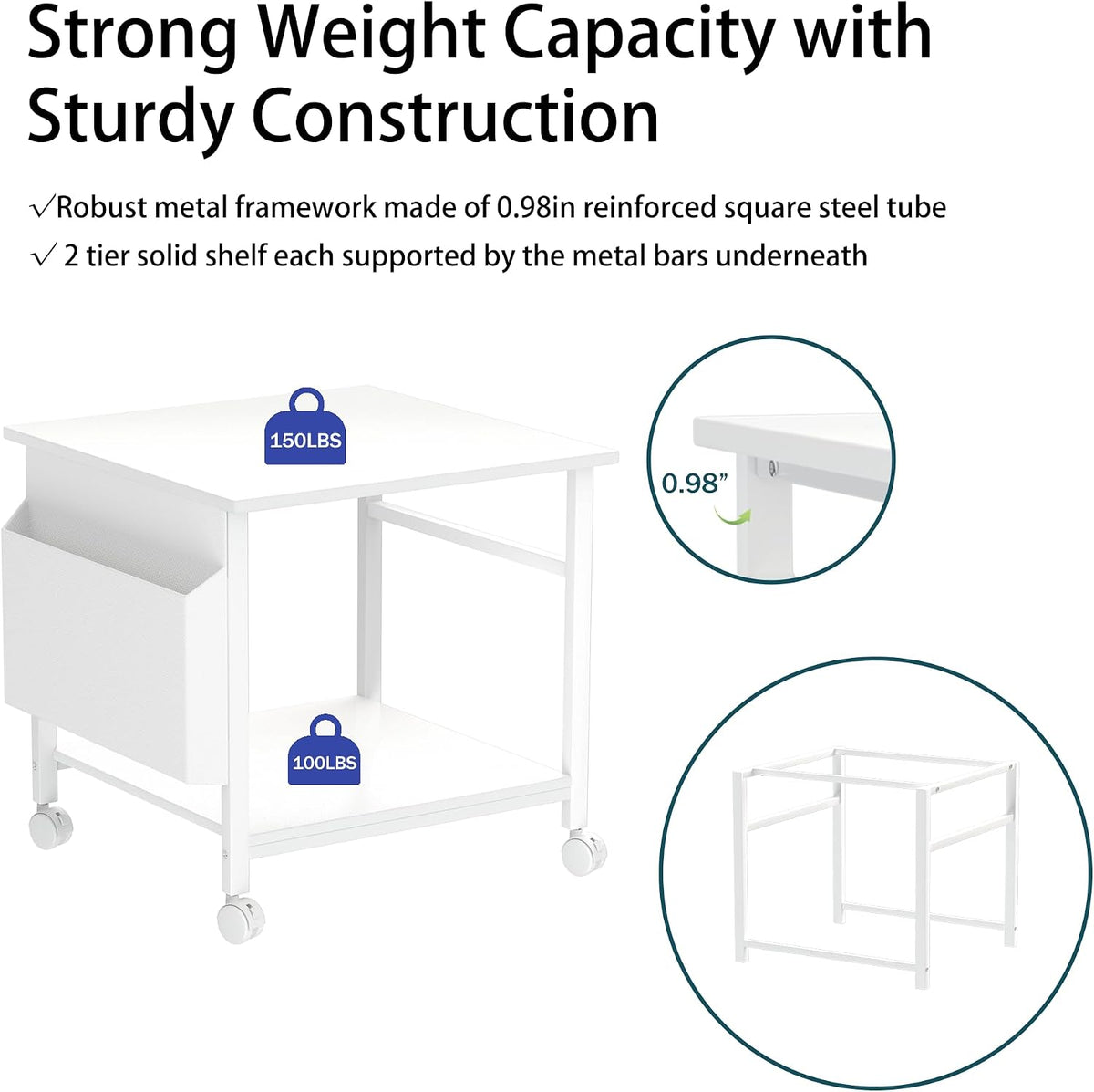Large Printer Stand, 23.6 x 23.6 Inches Square Printer Stand with Storage She...