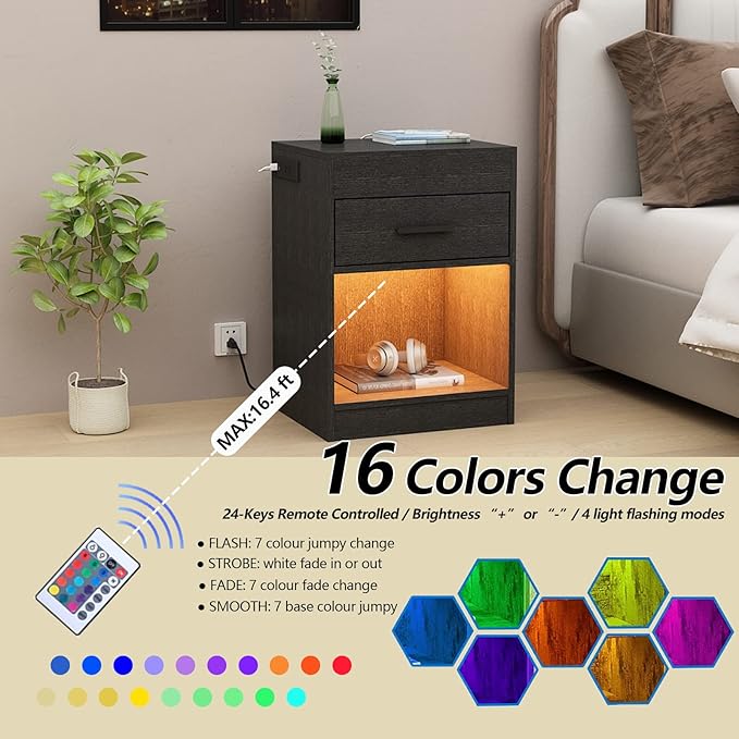 Auromie Nightstand with Charging Station and LED Lights, Concealment Furniture