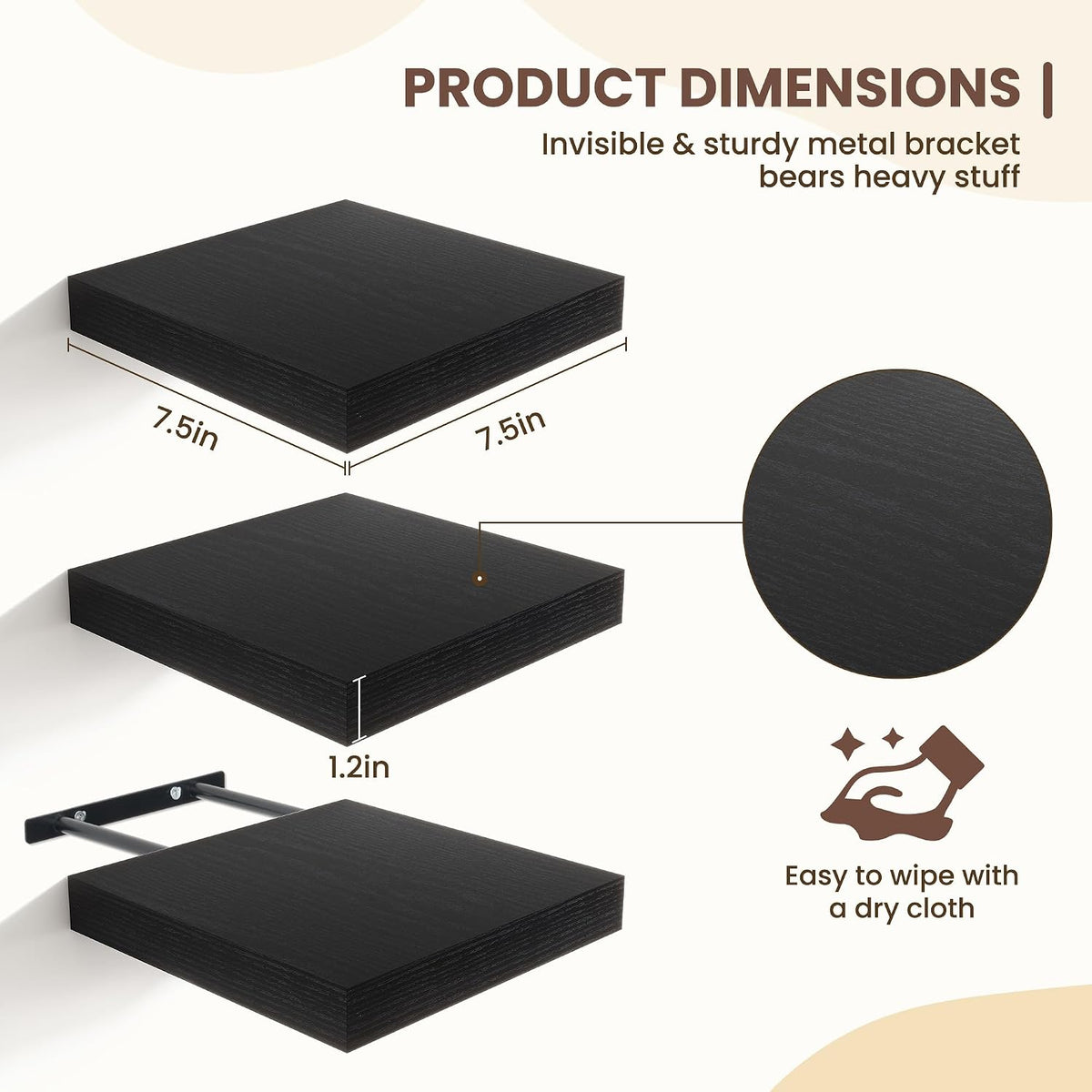 Fun Memories Floating Shelves for Wall - 7.5 Inch Square Shelves with Invisib...