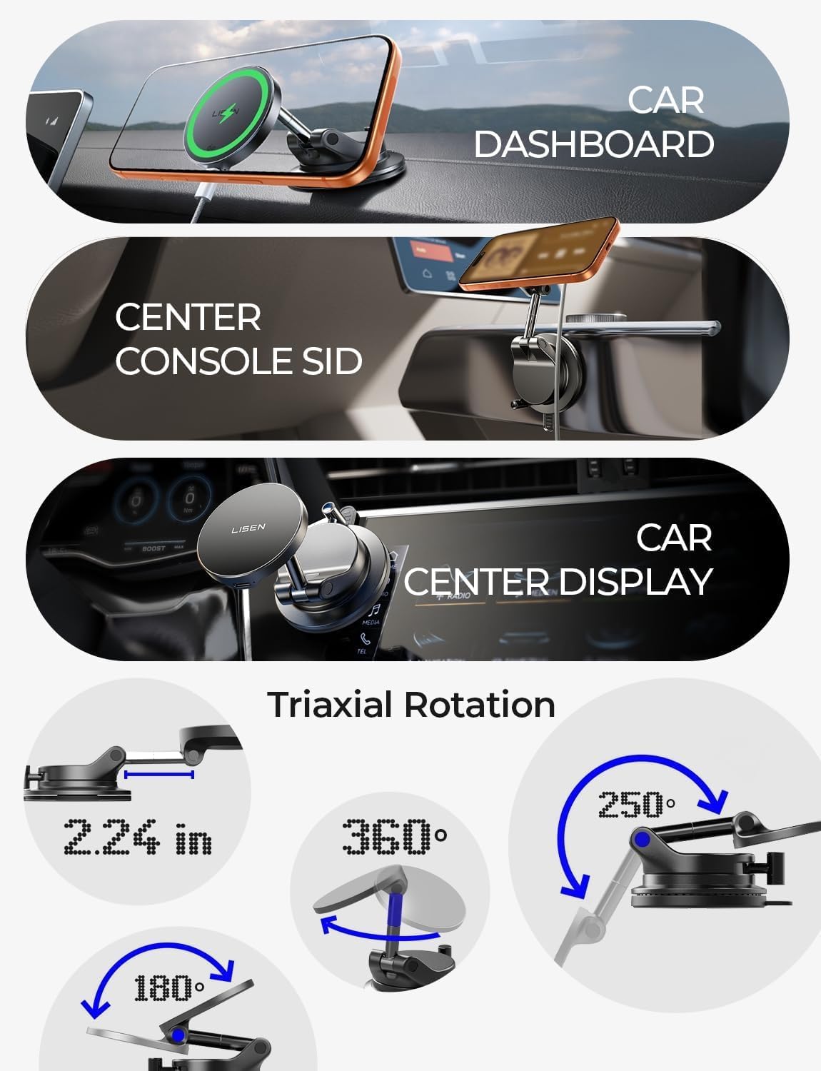 LISEN Qi2.2 25W MagSafe Car Mount Charger, Magnetic Wireless Car Charger