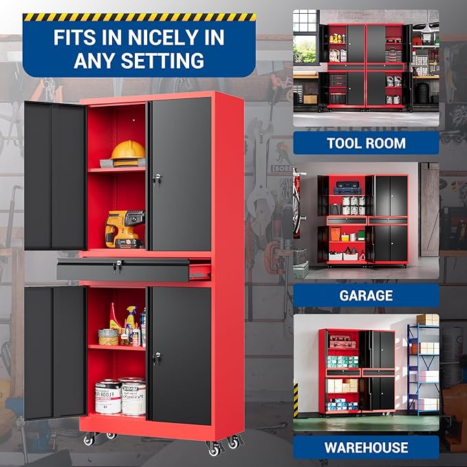 73" Metal Cabinet-Black & Red Heavy Duty Rolling Storage Cabinet Ste...