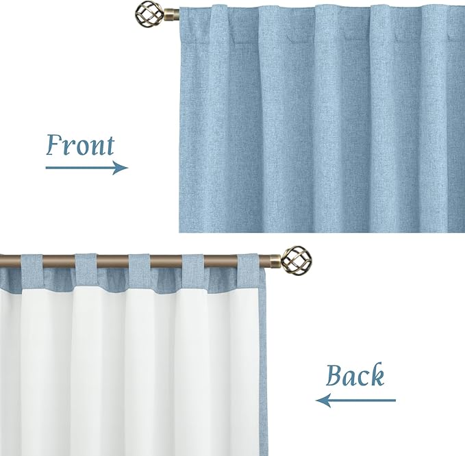 LAMIT Stone Blue 100% Blackout Linen Curtains, 84 Inch Linen Textured Living