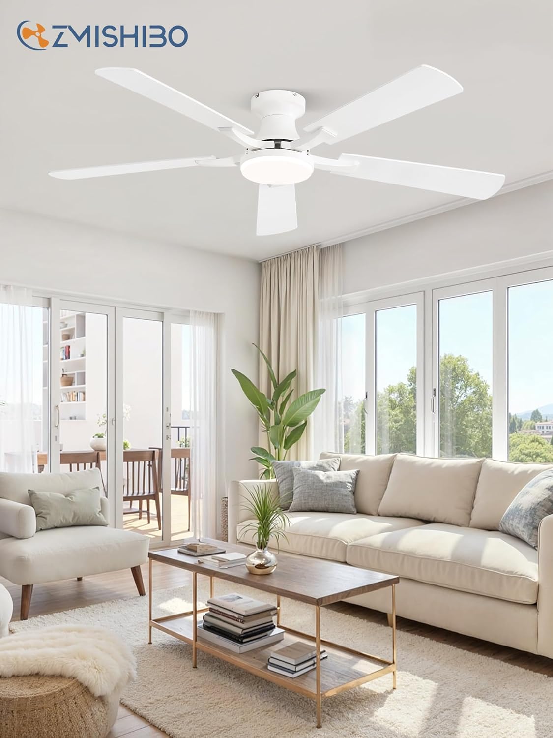ZMISHIBO 52 Inch Ceiling Fans with Lights, Remote&App Control, Flush Mount