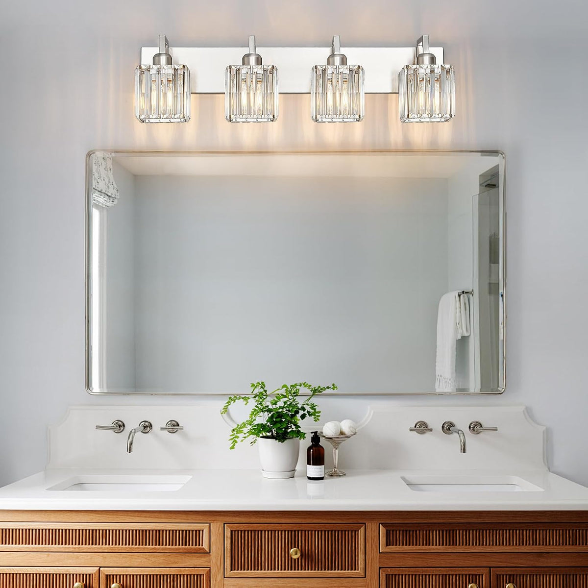 Modern Bathroom Vanity Light 4-Lights Brushed Nickel Vanity Light Crystal Wal...