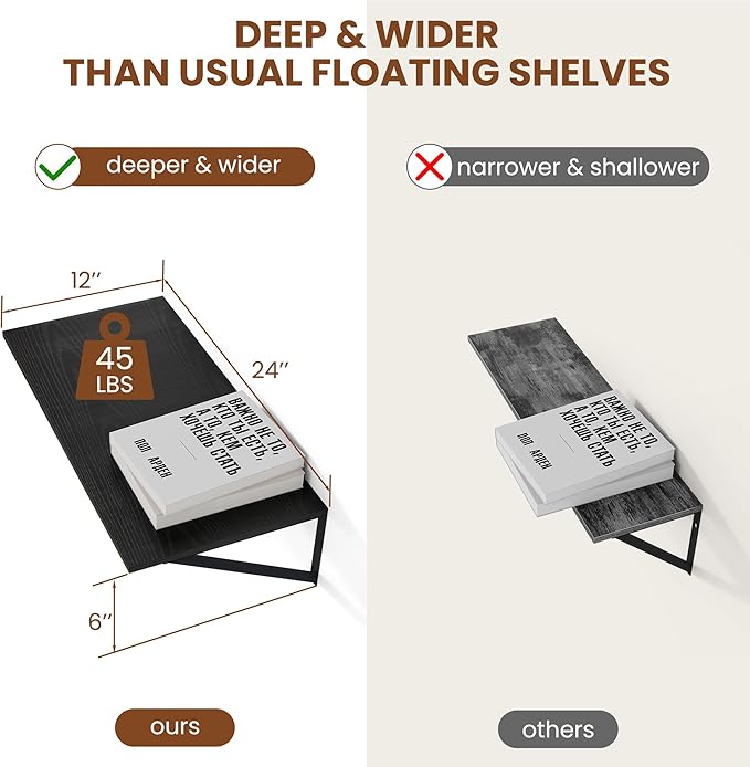 Heimlove Black Deep Floating Shelves (Set of 2)