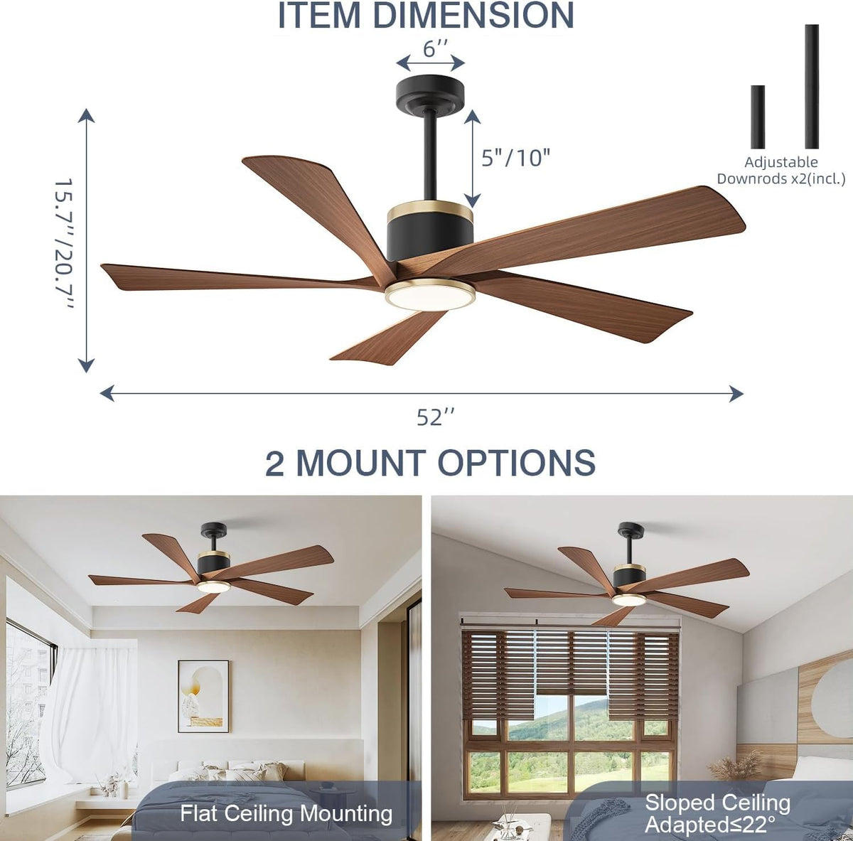 TXCSLY 52" Modern Walnut Ceiling Fan with Light & Remote, Indoor/Out...